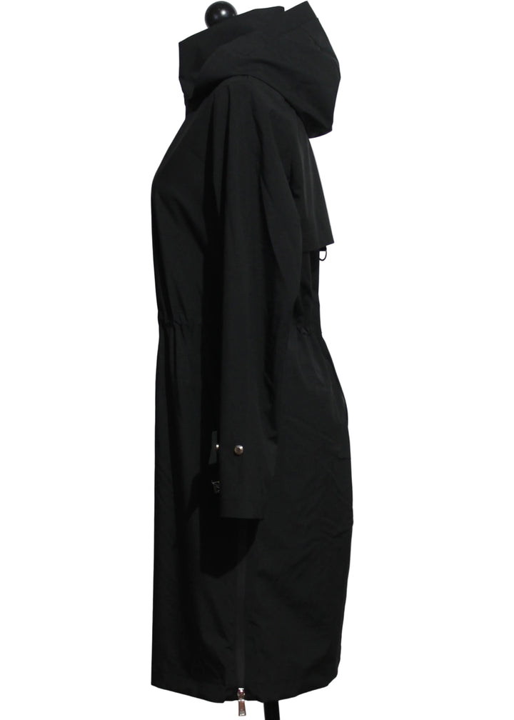 side view of Black Waterproof Hooded Raincoat by Nikki Jones 