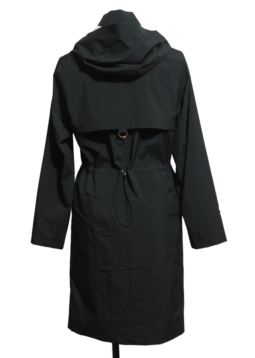 back view of Black Waterproof Hooded Raincoat by Nikki Jones 
