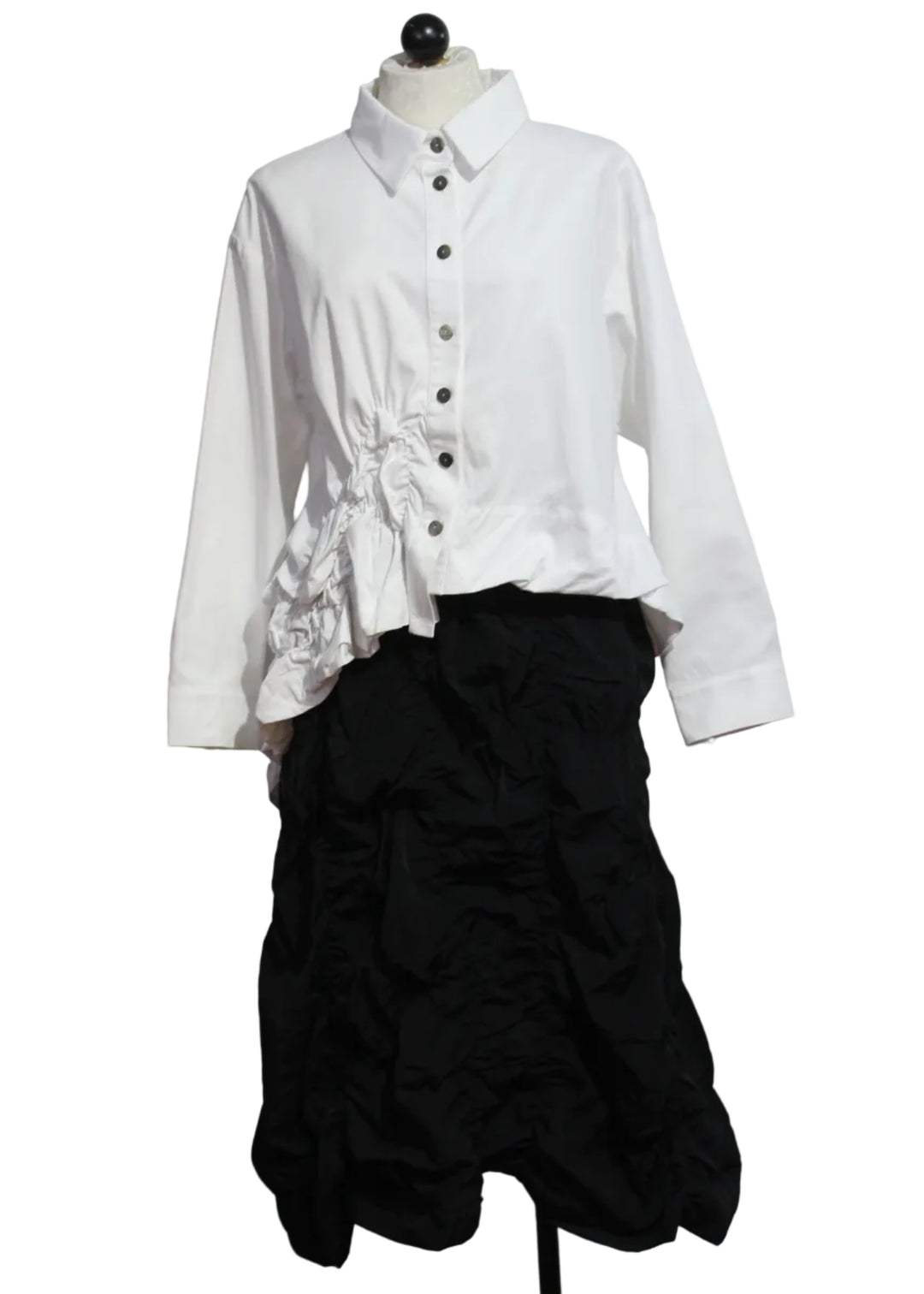 The White Puckered Shirt Jacket by Moyuru paired with the Black Puckered Pull On Skirt by Moyuru