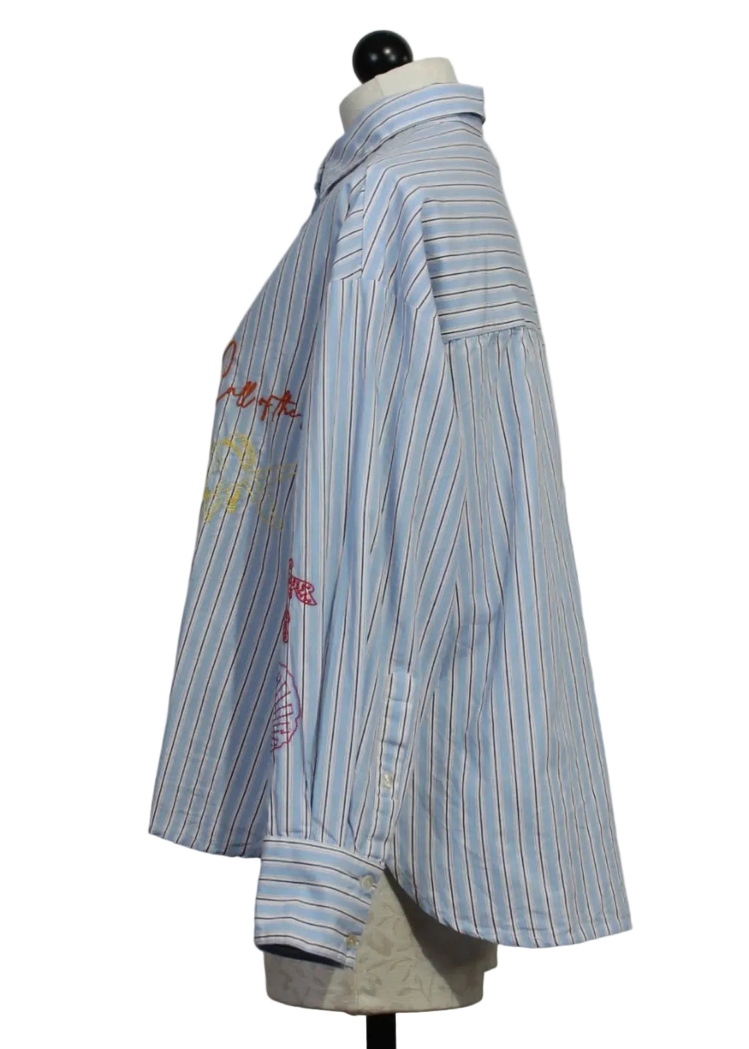 side view of Christobel Oversized Striped Blouse with "Call of the Sea" Embroidery by MKT Studio