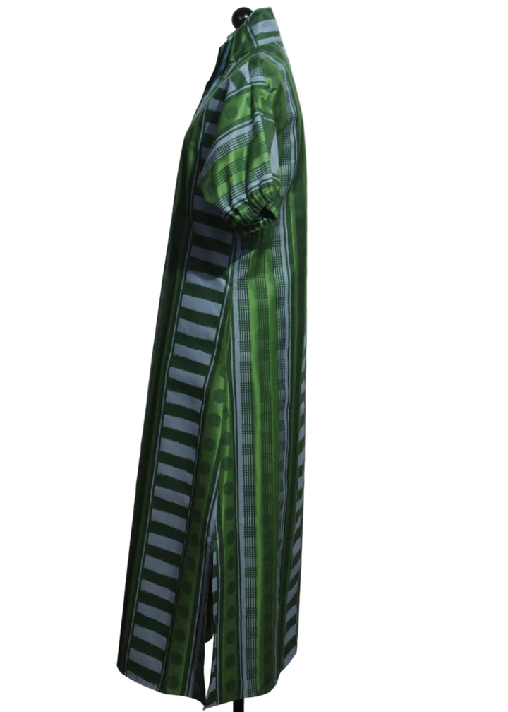 side view of Forest Jubliee Colored Short Sleeve V Neck Forest Jubilee Striped Jacquard Poppy Maxi Dress by Emily McCarthy 