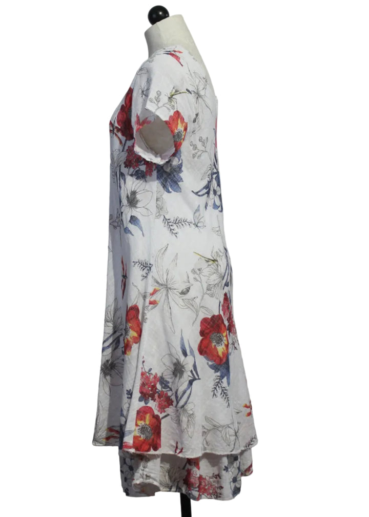 side view of White Cap Sleeve Cotton V-Neck Floral Dress by Bella Amore