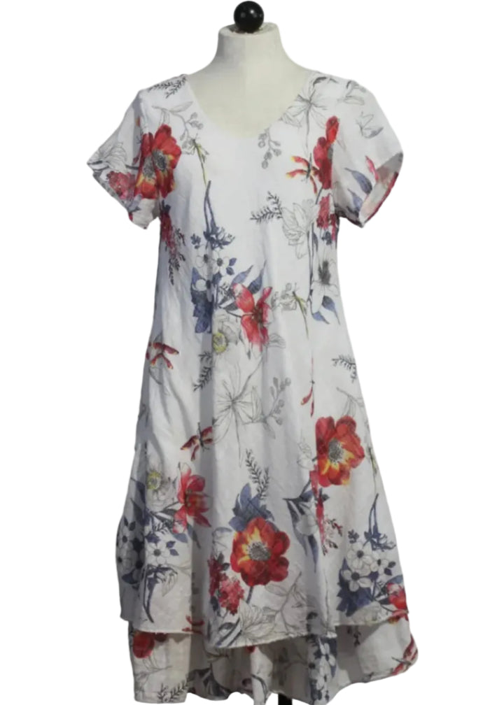White Cap Sleeve Cotton V-Neck Floral Dress by Bella Amore 