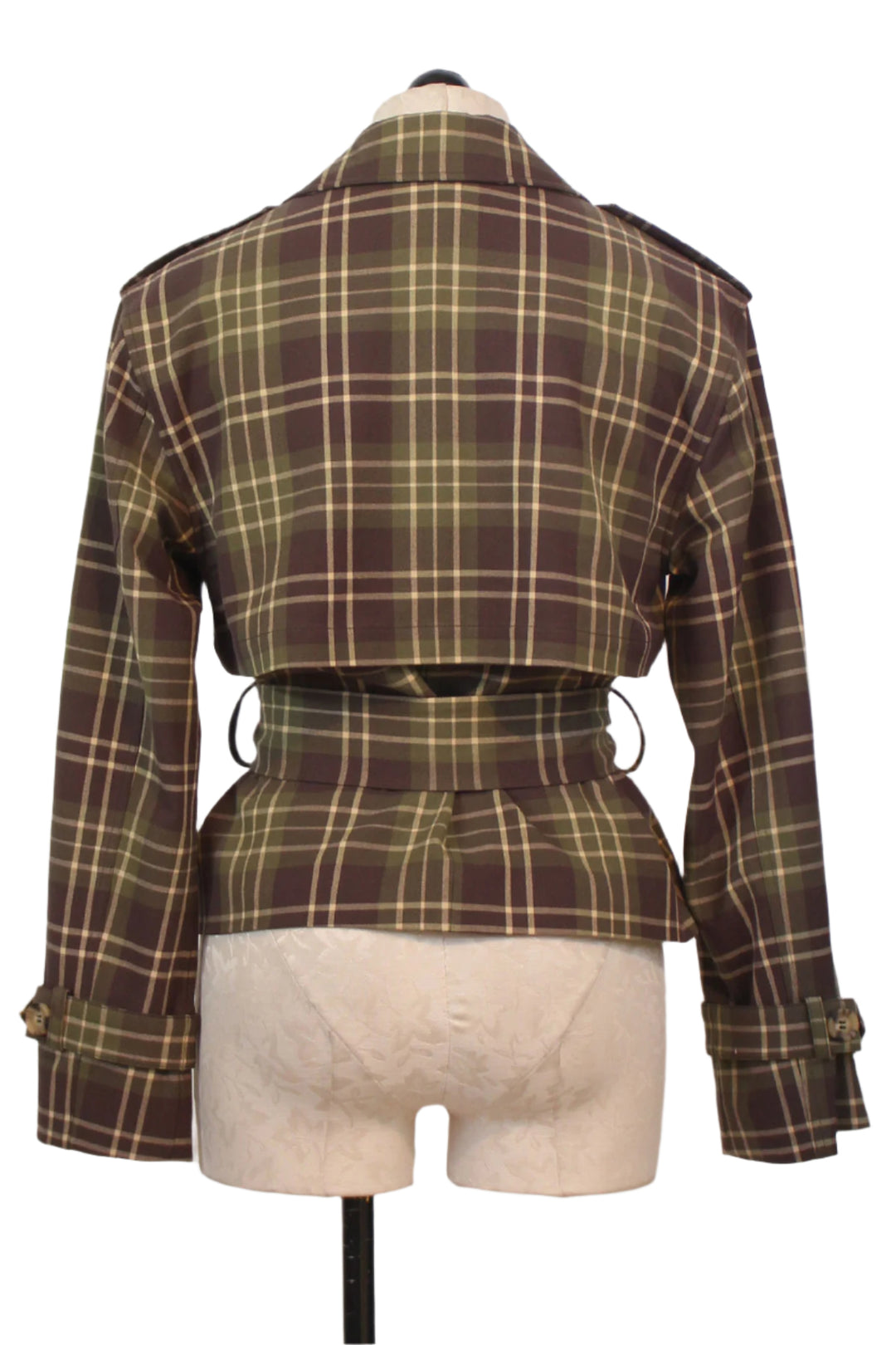 back view of The Cropped Charles Trench by Favorite Daughter in Countryside Plaid 