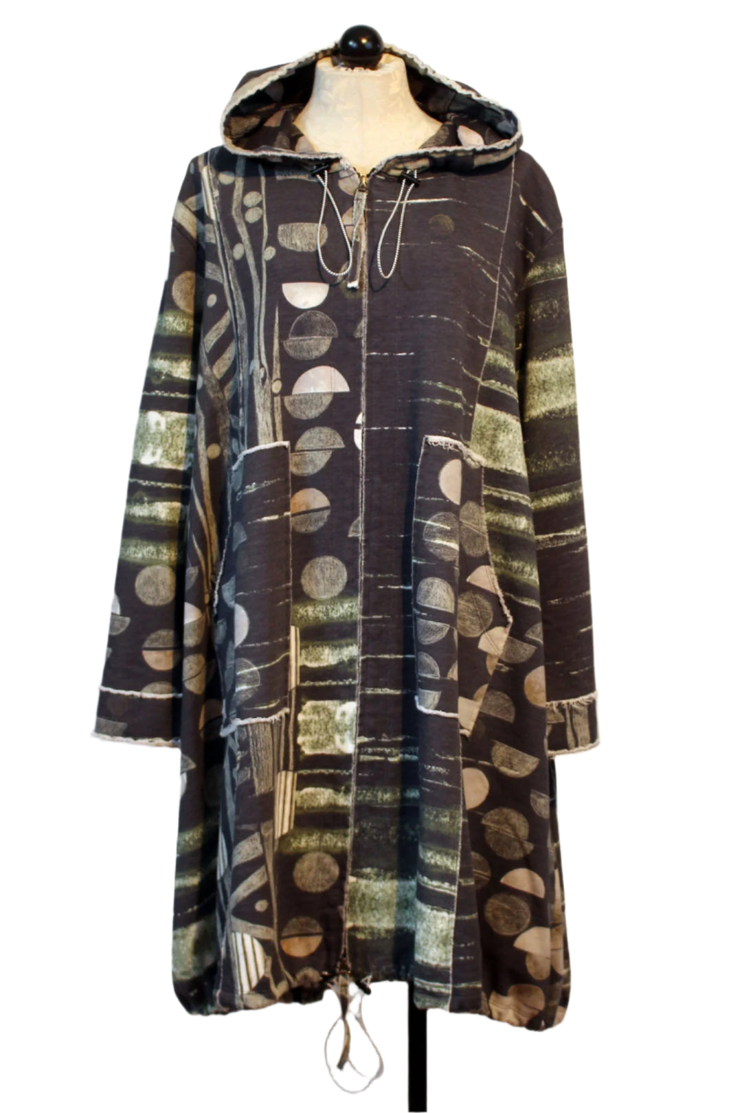 Patterned Long Cotton Hooded Zip Front Coat by Grizas
