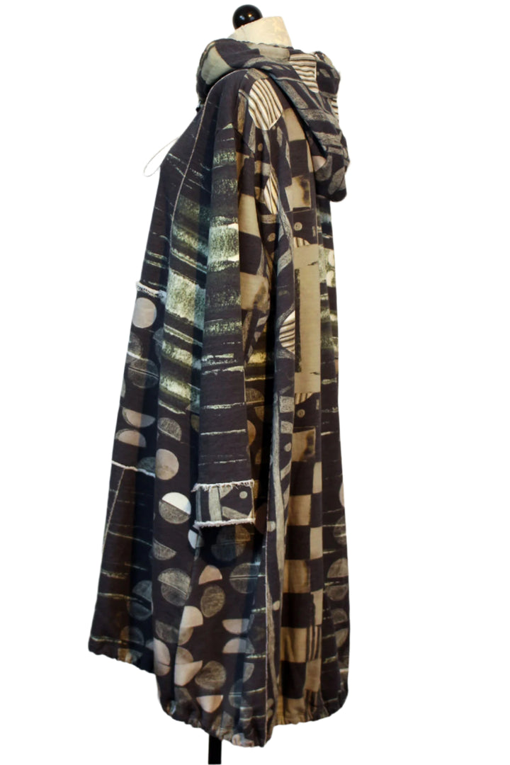 side view of Patterned Long Cotton Hooded Zip Front Coat by Grizas