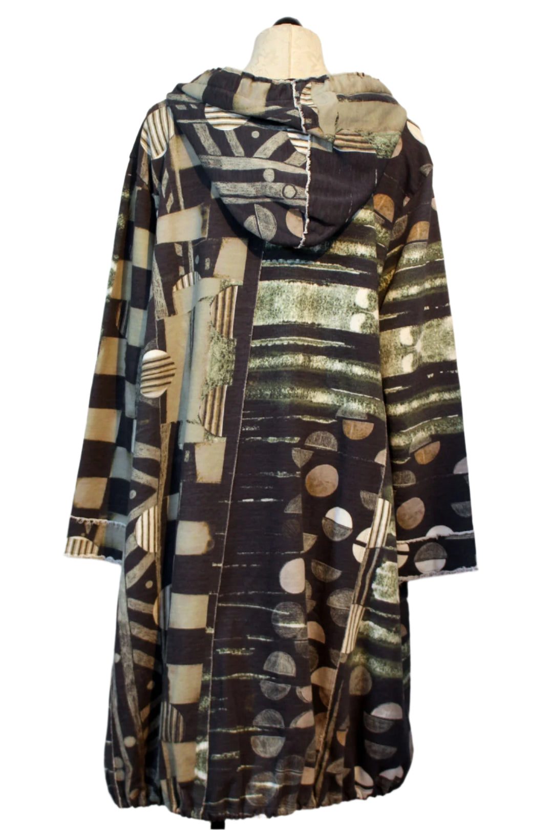 back view of Patterned Long Cotton Hooded Zip Front Coat by Grizas