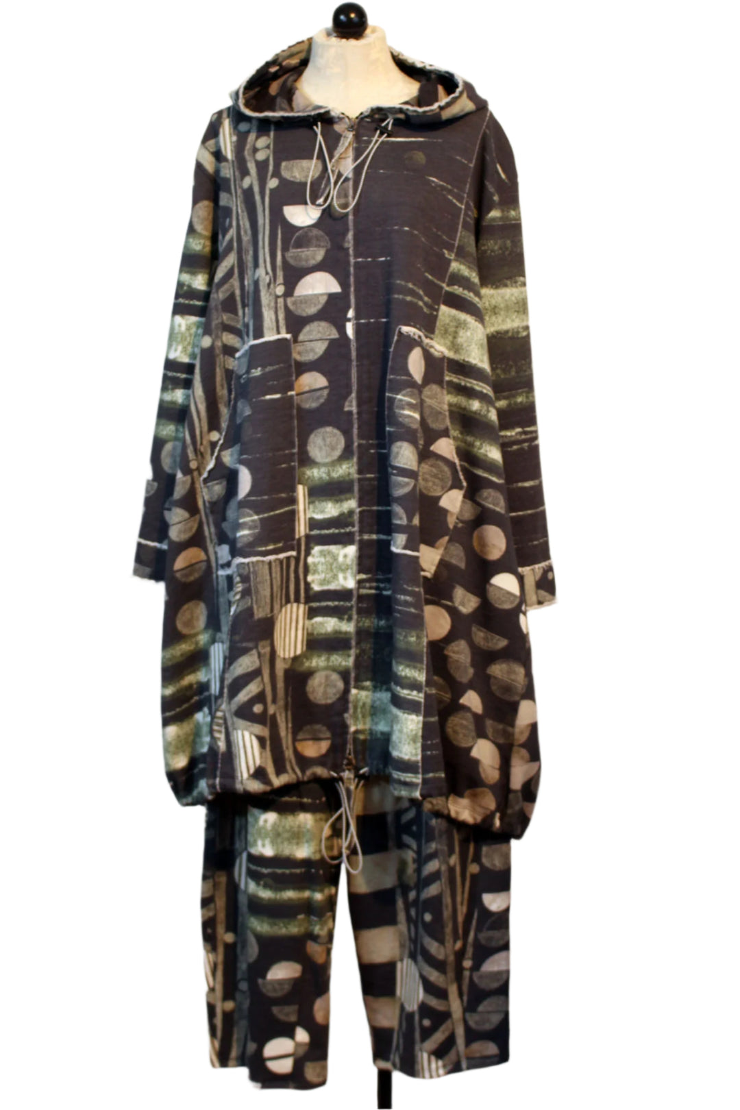 Patterned Long Cotton Hooded Zip Front Coat by Grizas paired with the matching patterned pants by Grizas