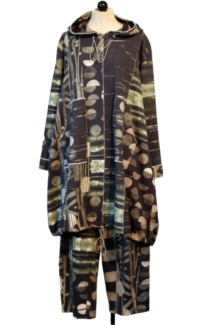 Patterned Long Cotton Hooded Zip Front Coat by Grizas paired with the matching patterned pants by Grizas
