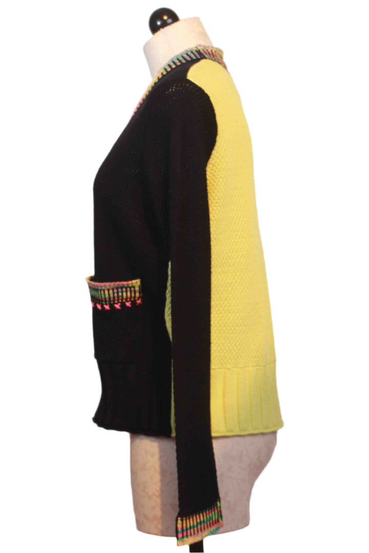 side view of  Double Track Cardi in black and limelight by Lisa Todd 