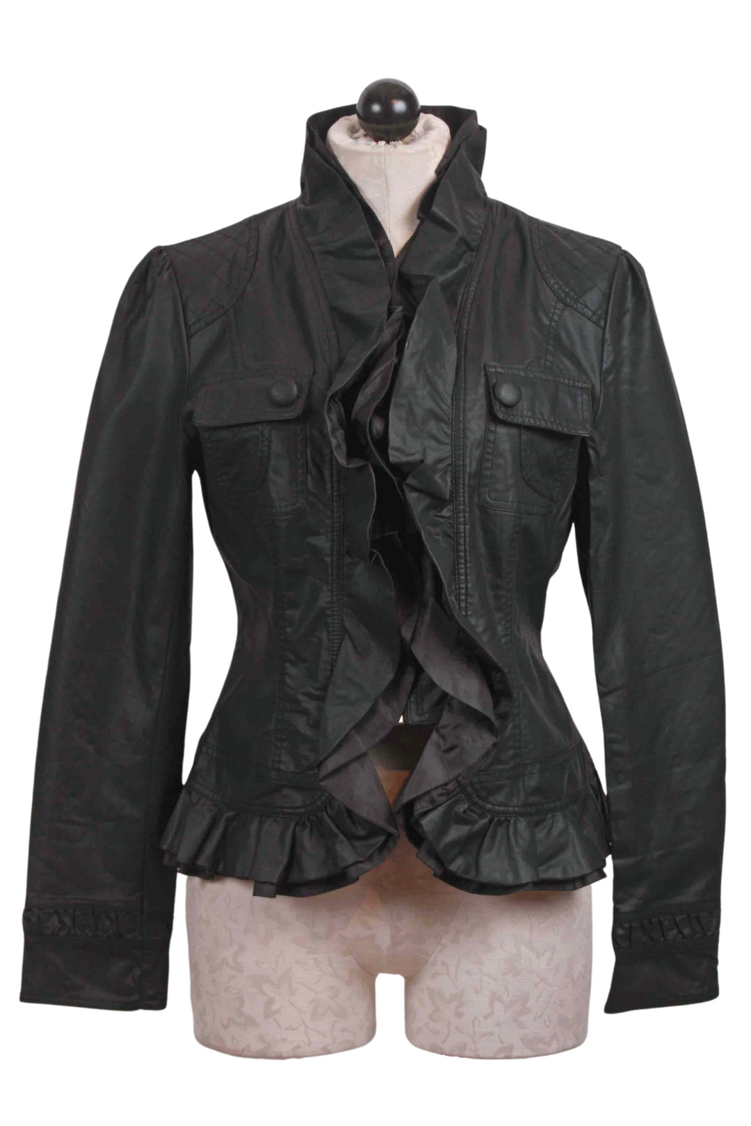 Black 2 Pocket Vegan Ruffle Jacket by Apricot