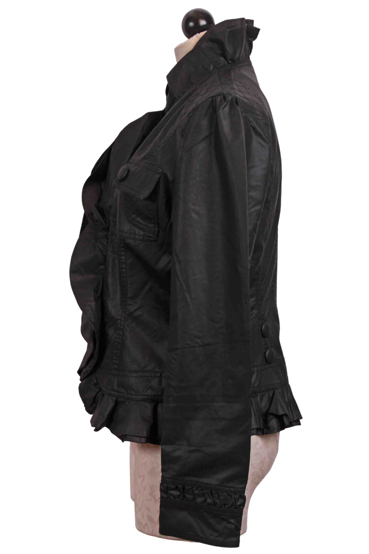 Side view of Black 2 Pocket Vegan Ruffle Jacket by Apricot