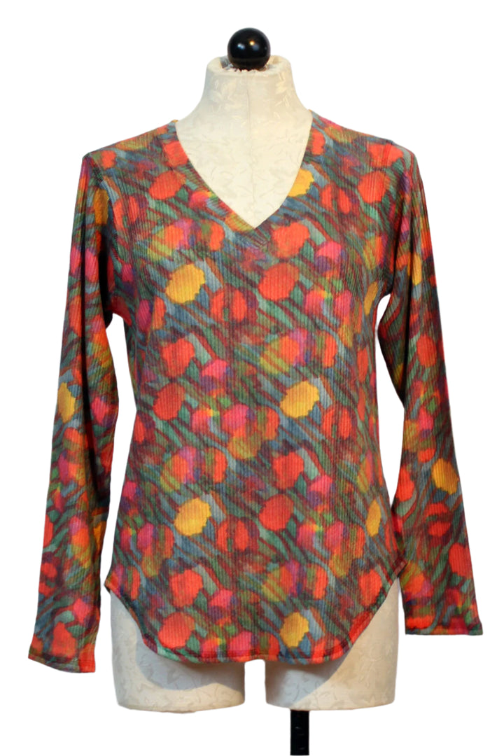 Multicolor Long Sleeve Ribbed Camo Floral V-Neck Top by Nally and Millie