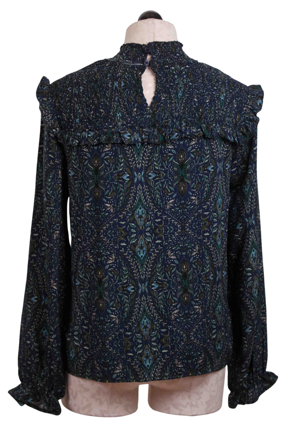 back view of navy Paisley Long Sleeve Ruffle Top by Apricot