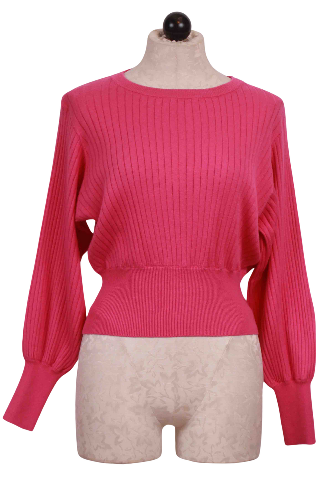 Flamingo Pink Ribbed Prague Balloon Sleeve Sweater by Crush