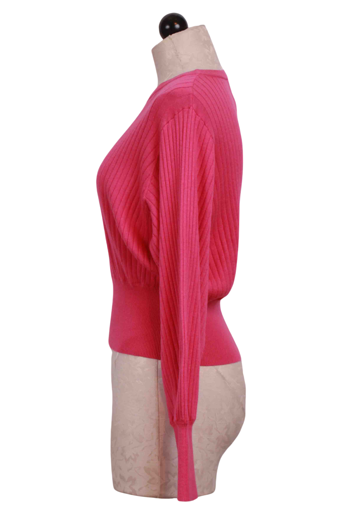 side view of Flamingo Pink Ribbed Prague Balloon Sleeve Sweater by Crush