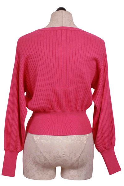 back view of Flamingo Pink Ribbed Prague Balloon Sleeve Sweater by Crush