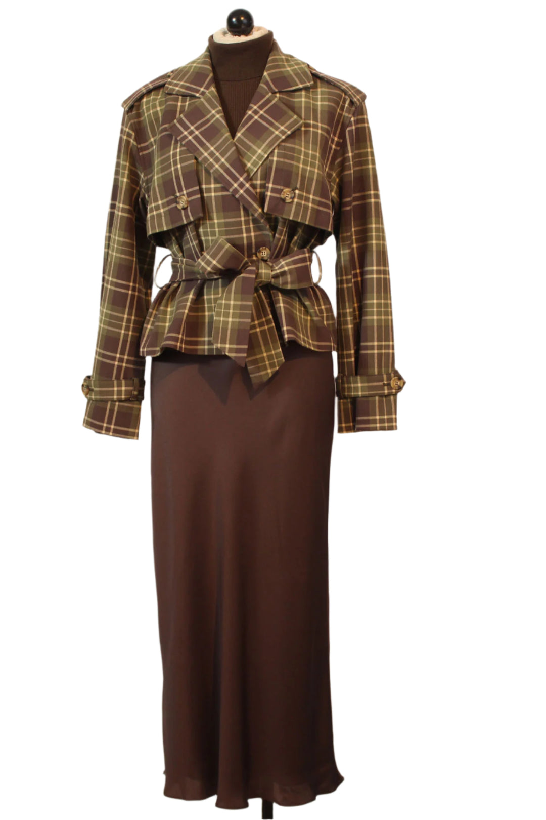 The Cropped Charles Trench by Favorite Daughter in Countryside Plaid paired with The Amelia Top and The Favorite Daughter Skirt in coffee