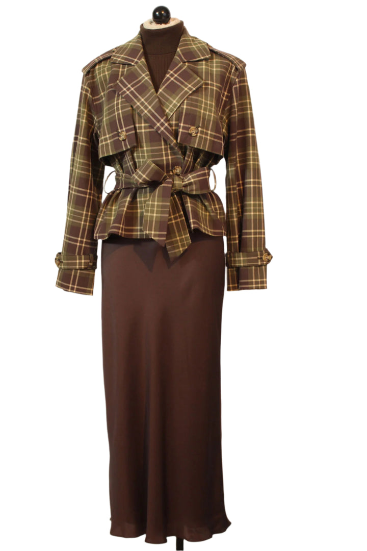 The Cropped Charles Trench by Favorite Daughter in Countryside Plaid paired with The Amelia Top and The Favorite Daughter Skirt in coffee
