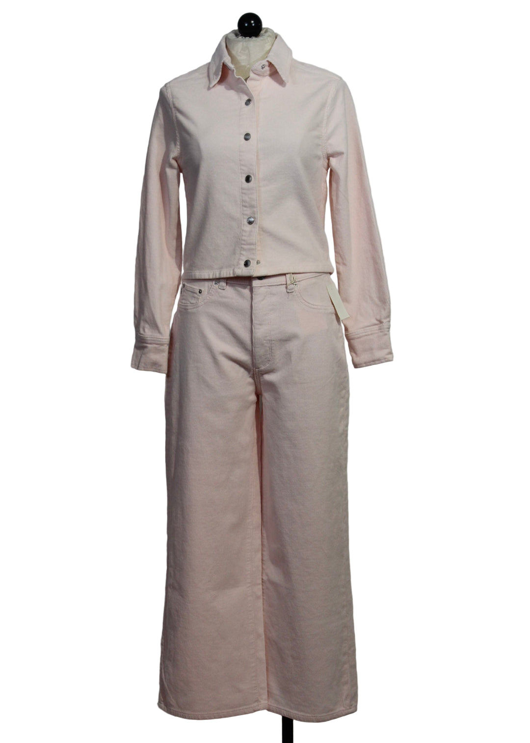 Powder Pink Corduroy Long Sleeve Montauk Shirt by DL1961 paired with the Powder Pink Hepburn Wide Leg Jean by DL1961