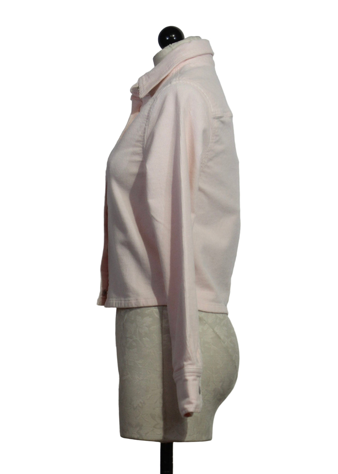 side view of the Powder Pink Corduroy Long Sleeve Montauk Shirt by DL1961 