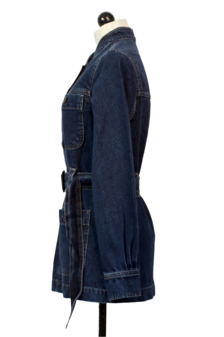 side view of Denim Belted Utility Jacket by DL1961 with 4 pockets in Moonlake