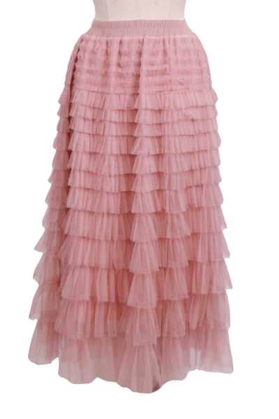 Pink Tulle Layered Midi Skirt by Apricot