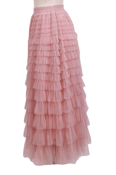 side view of Pink Tulle Layered Midi Skirt by Apricot