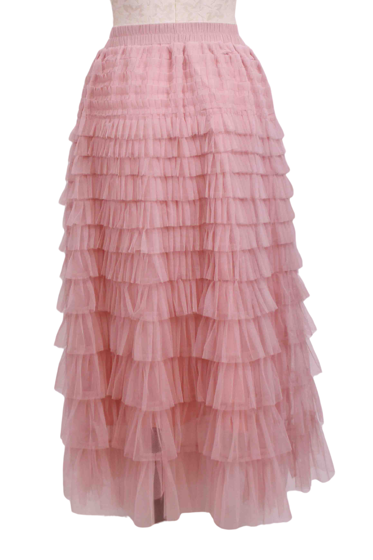 back view of Pink Tulle Layered Midi Skirt by Apricot