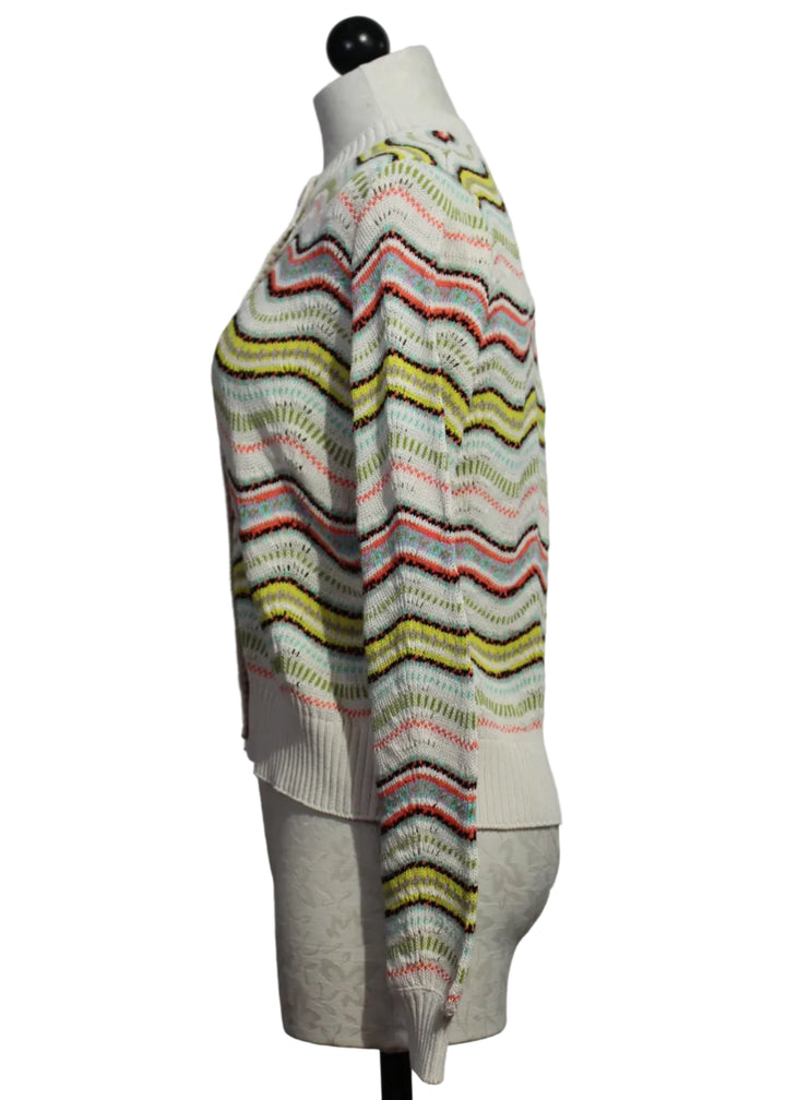 side view of White Multicolor Wavy Striped Cardigan by Aldo Martins