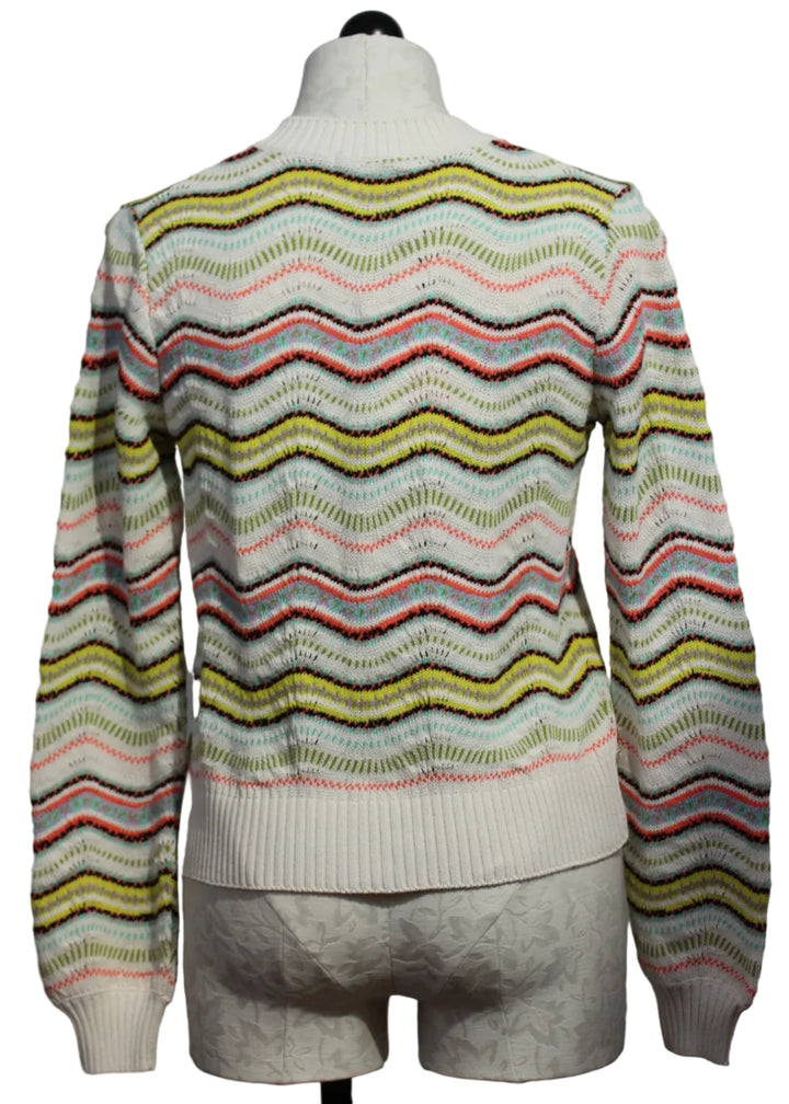 back view of White Multicolor Wavy Striped Cardigan by Aldo Martins