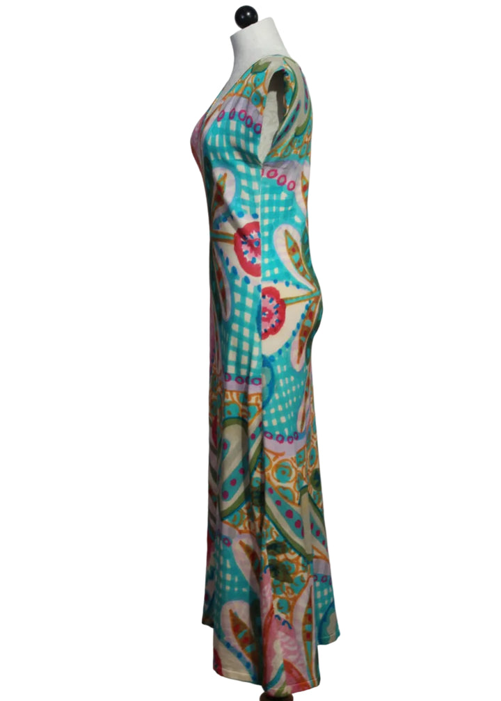 side view of Pastel Floral Paisley V Neck Sleeveless Dress by Aldo Martins
