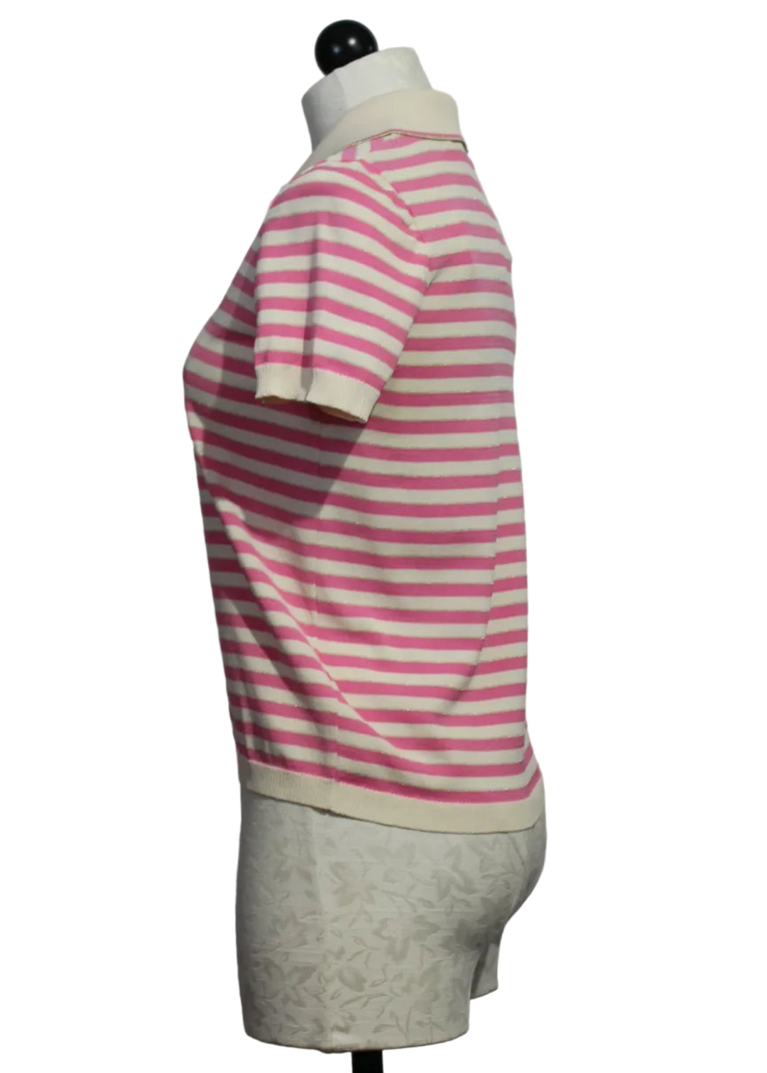 side view of Pink and White Striped Knit Polo by Aldo Martins 