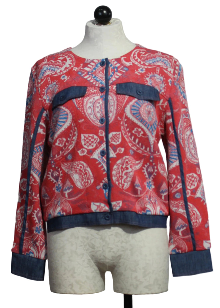 The Red Paisley Print Knit Jacket with Denim Trim by Aldo Martins