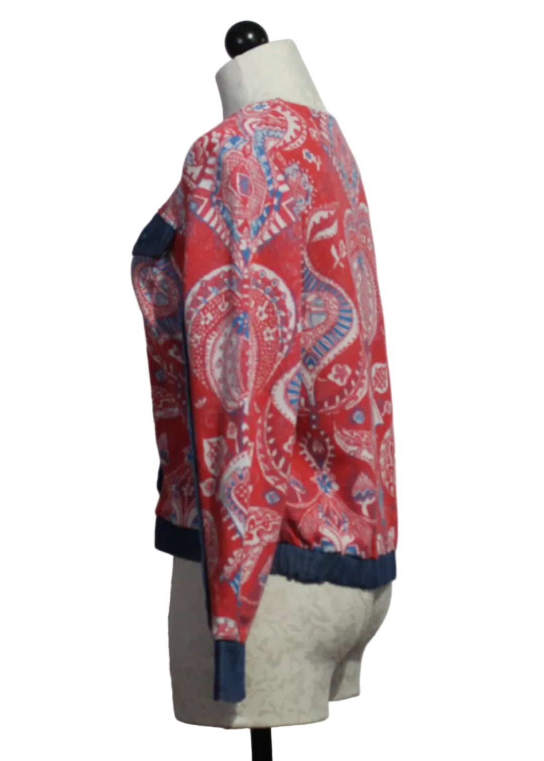 side view of The Red Paisley Print Knit Jacket with Denim Trim by Aldo Martins
