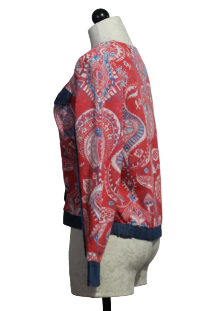 side view of The Red Paisley Print Knit Jacket with Denim Trim by Aldo Martins