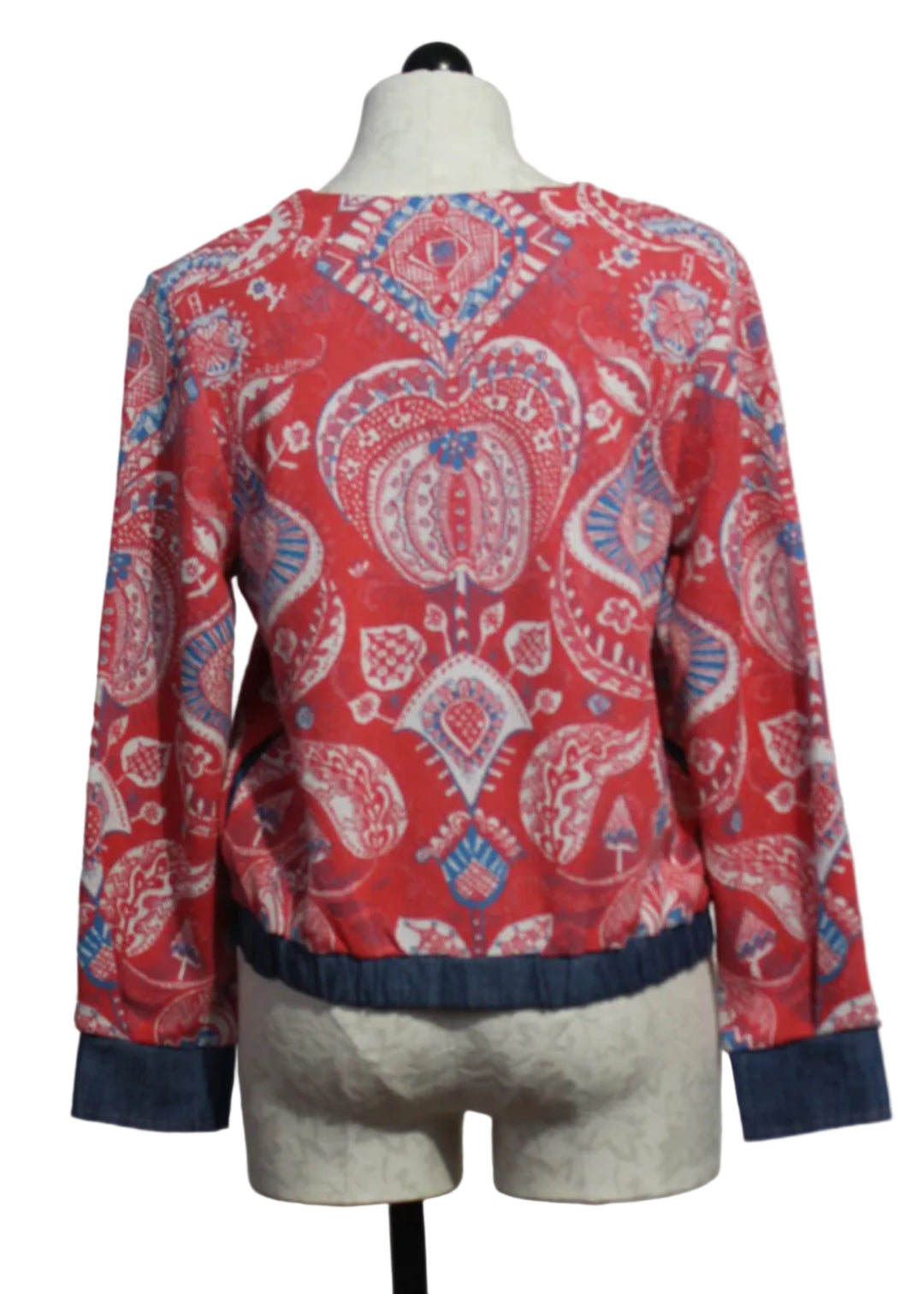 back view of The Red Paisley Print Knit Jacket with Denim Trim by Aldo Martins