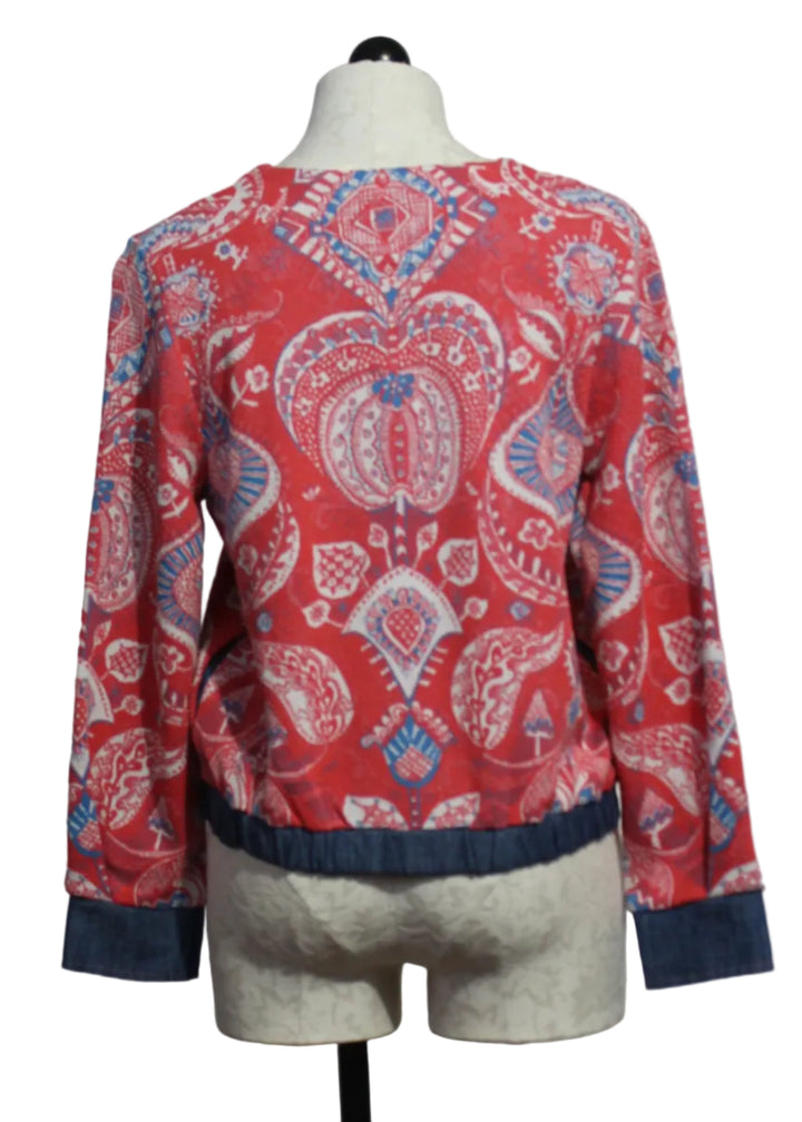 back view of The Red Paisley Print Knit Jacket with Denim Trim by Aldo Martins
