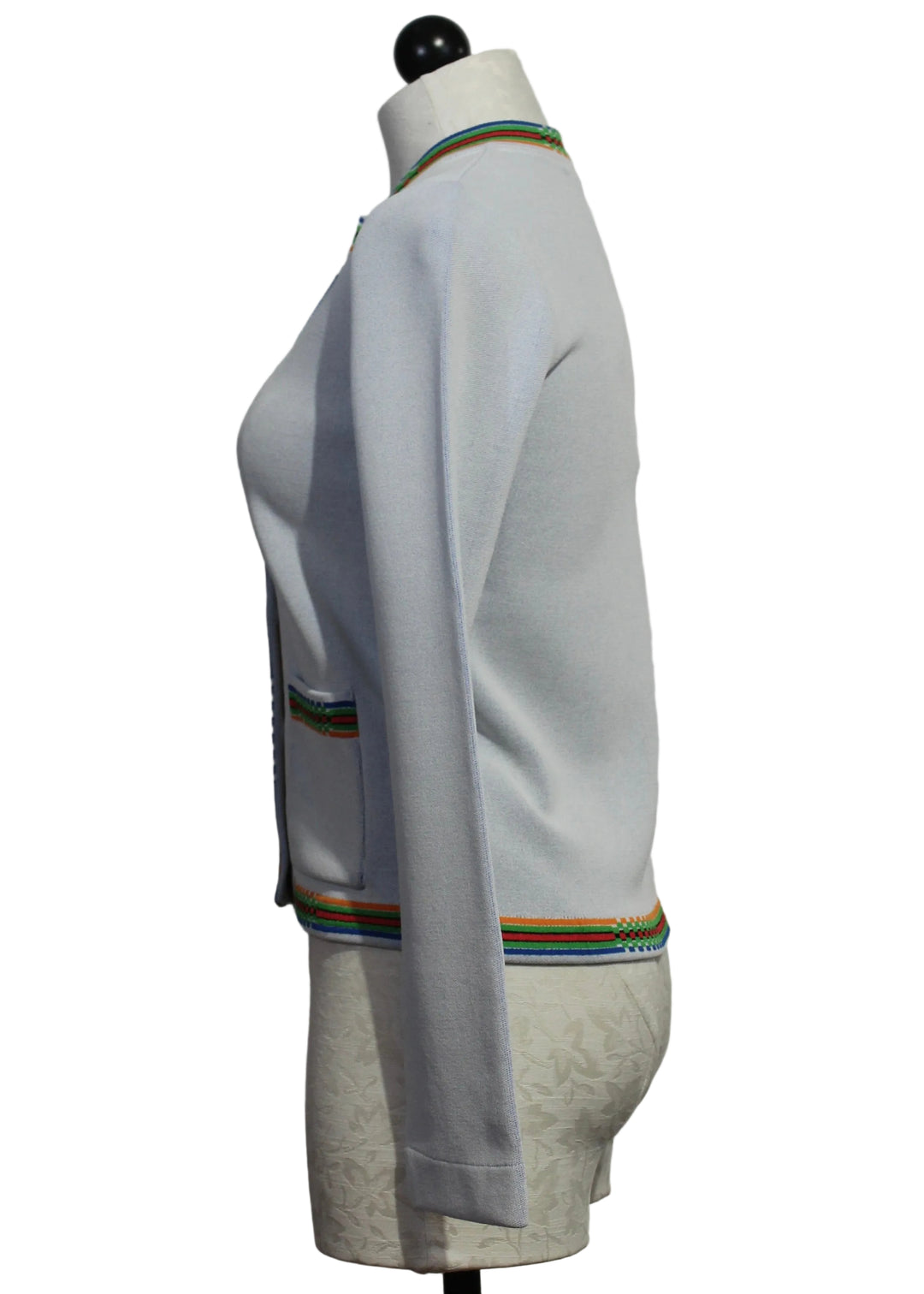 side view of Light Blue Knit Jacket with Contrast Trim by Aldo Martins