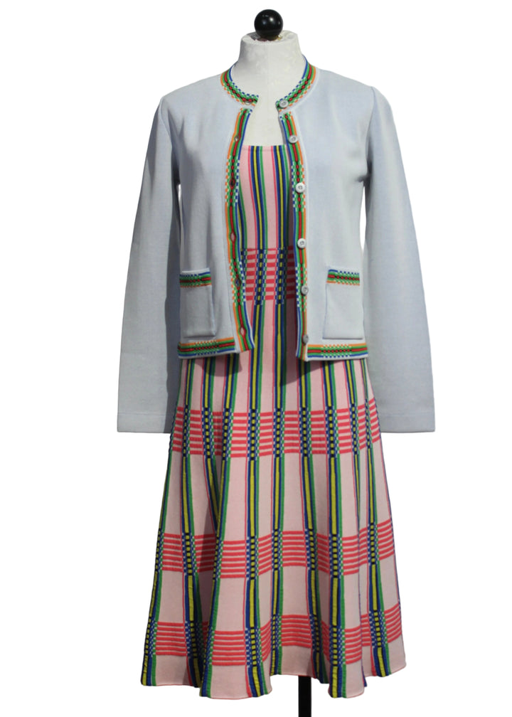 Multicolored Pleated Knit Dress by Aldo Martins paired with the Light Blue Knit Jacket with Contrast Trim by Aldo Martins