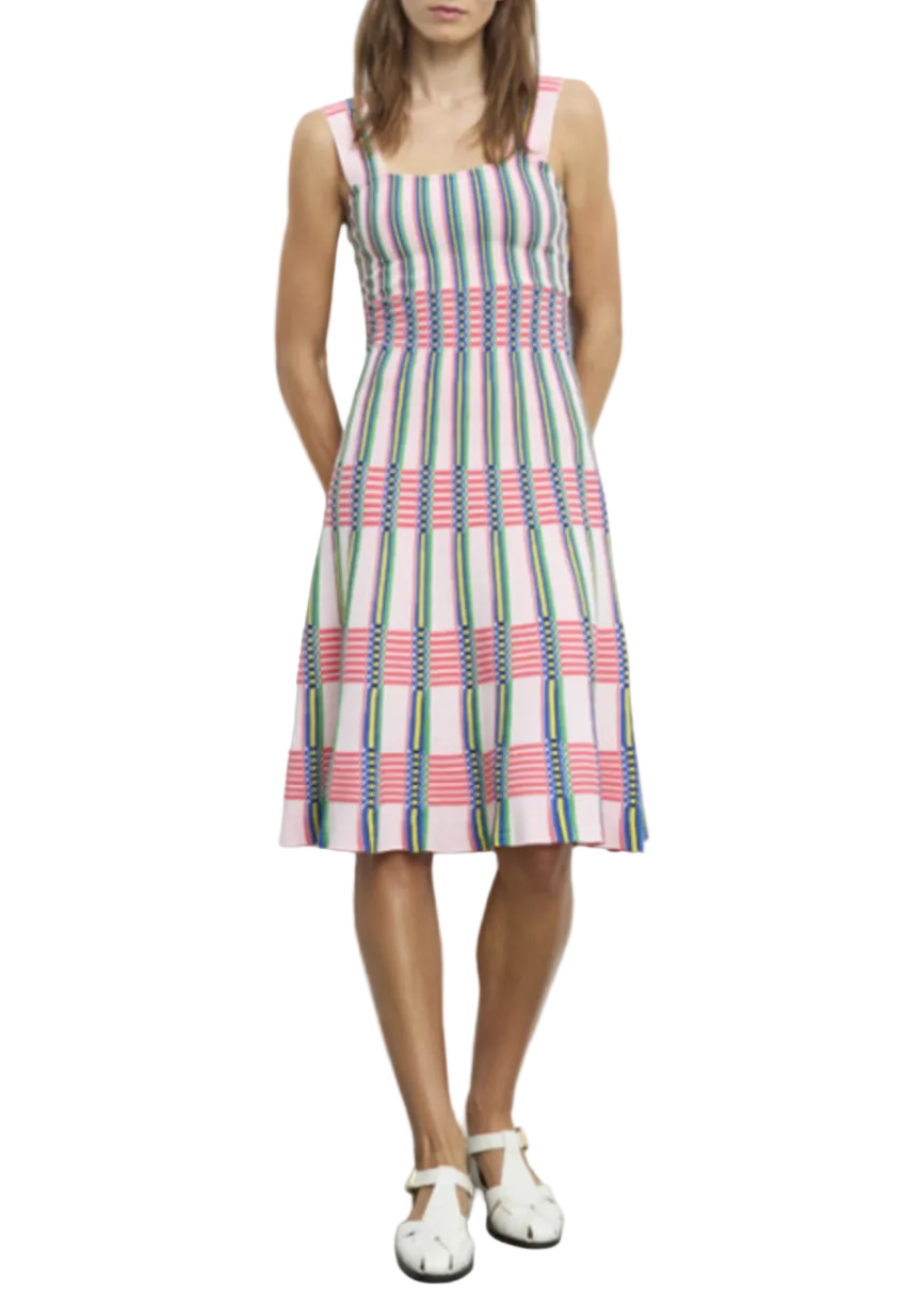 model wearing the Multicolor Pleated Knit Dress by Aldo Martins