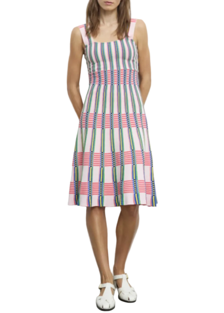 model wearing the Multicolor Pleated Knit Dress by Aldo Martins