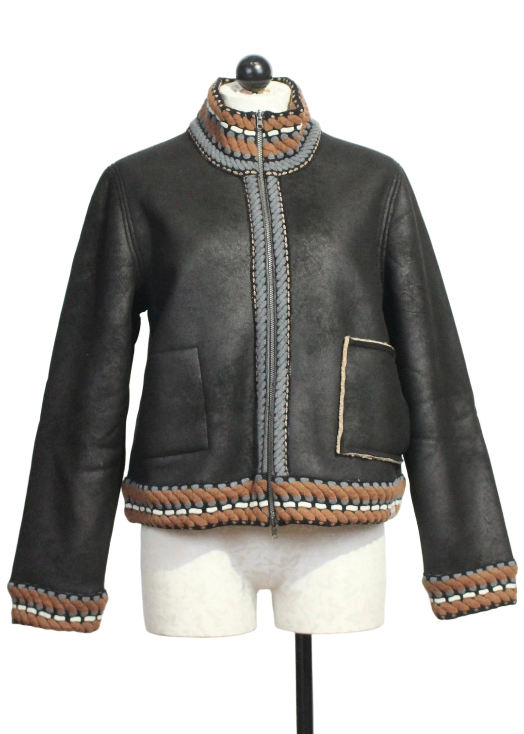 Faded Black Knit Trimmed Faux Leather Jacket by Aldo Martins