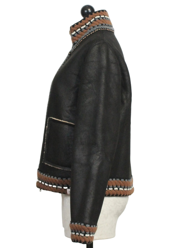 Side view of Faded Black Knit Trimmed Faux Leather Jacket by Aldo Martins
