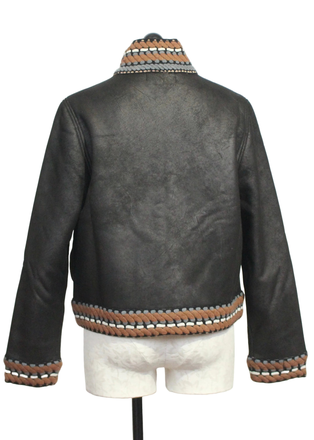 Back view of Faded Black Knit Trimmed Faux Leather Jacket by Aldo Martins
