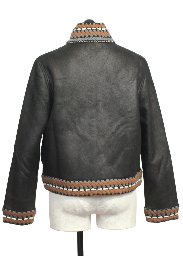 Back view of Faded Black Knit Trimmed Faux Leather Jacket by Aldo Martins