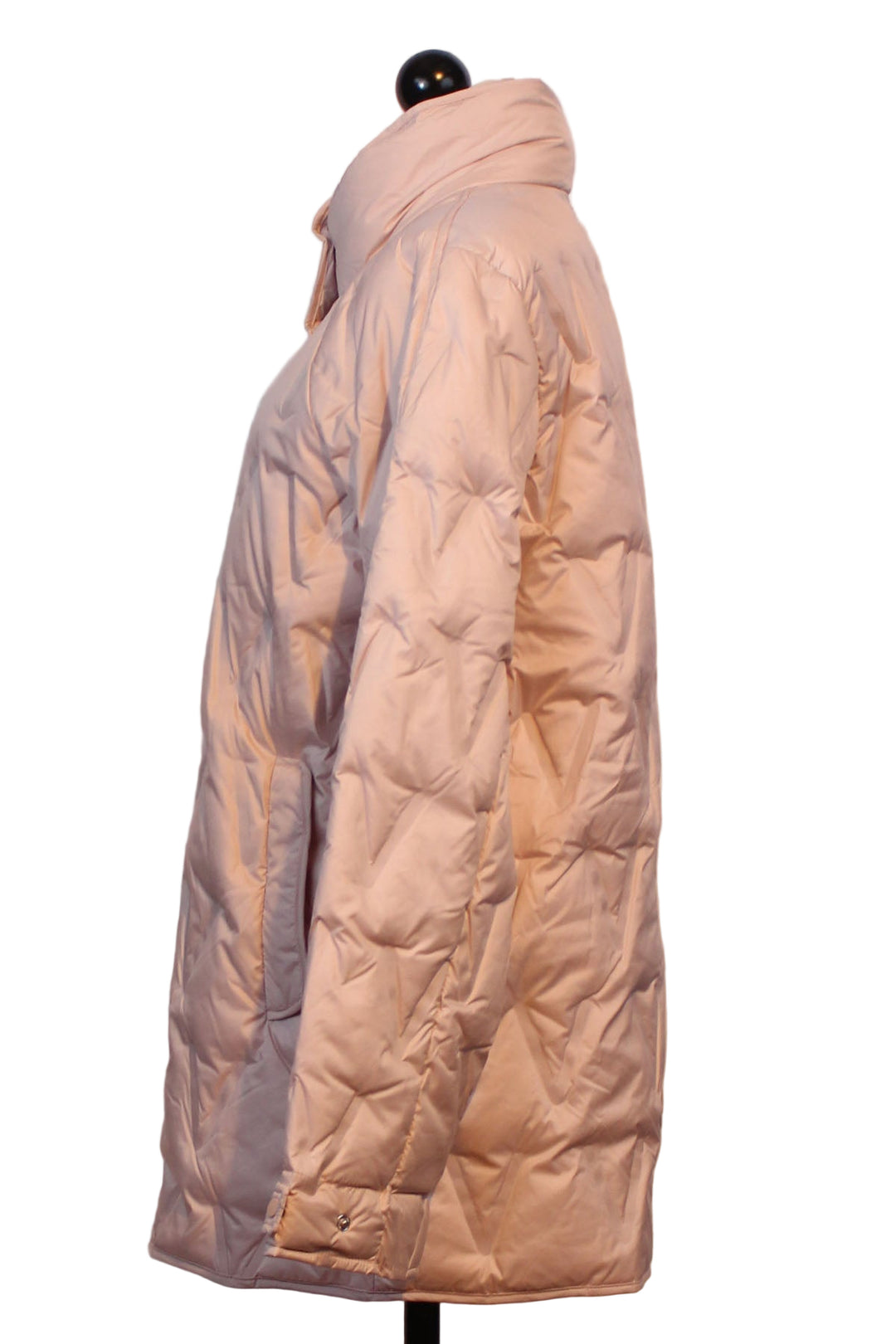 side view of Pink Haze Lightweight Snap Front Down Jacket by Nikki Jones
