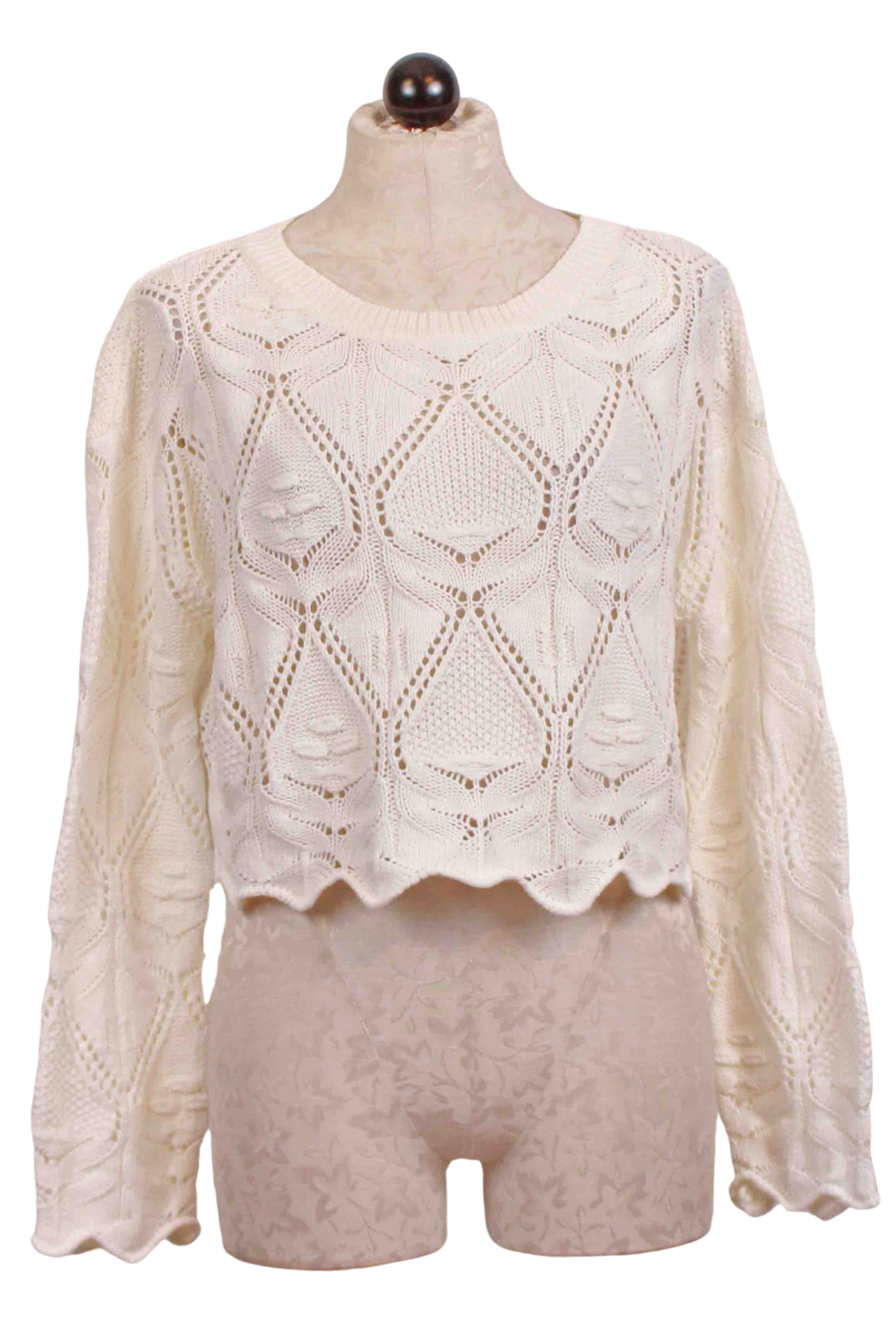 off white Scalloped Hem Pointelle Cropped Sweater by Apricot