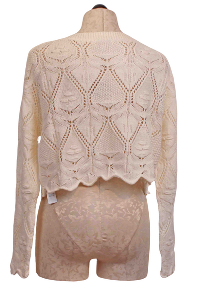 back view of off white Scalloped Hem Pointelle Cropped Sweater by Apricot
