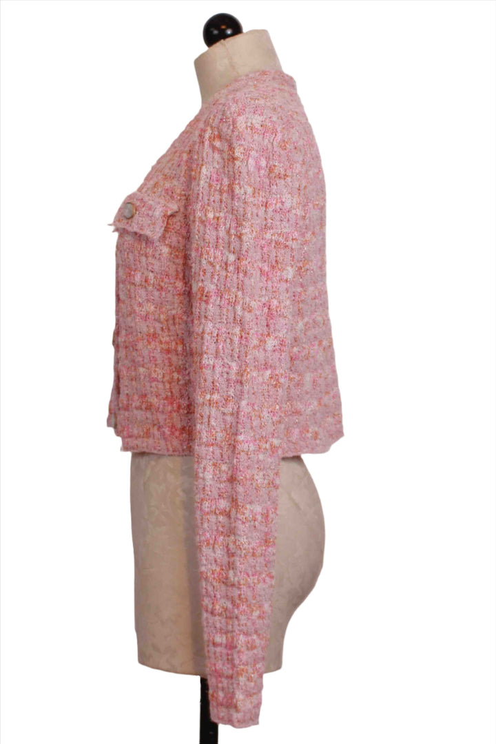 side view of Pink Textured Check Cropped Cardigan by Apricot